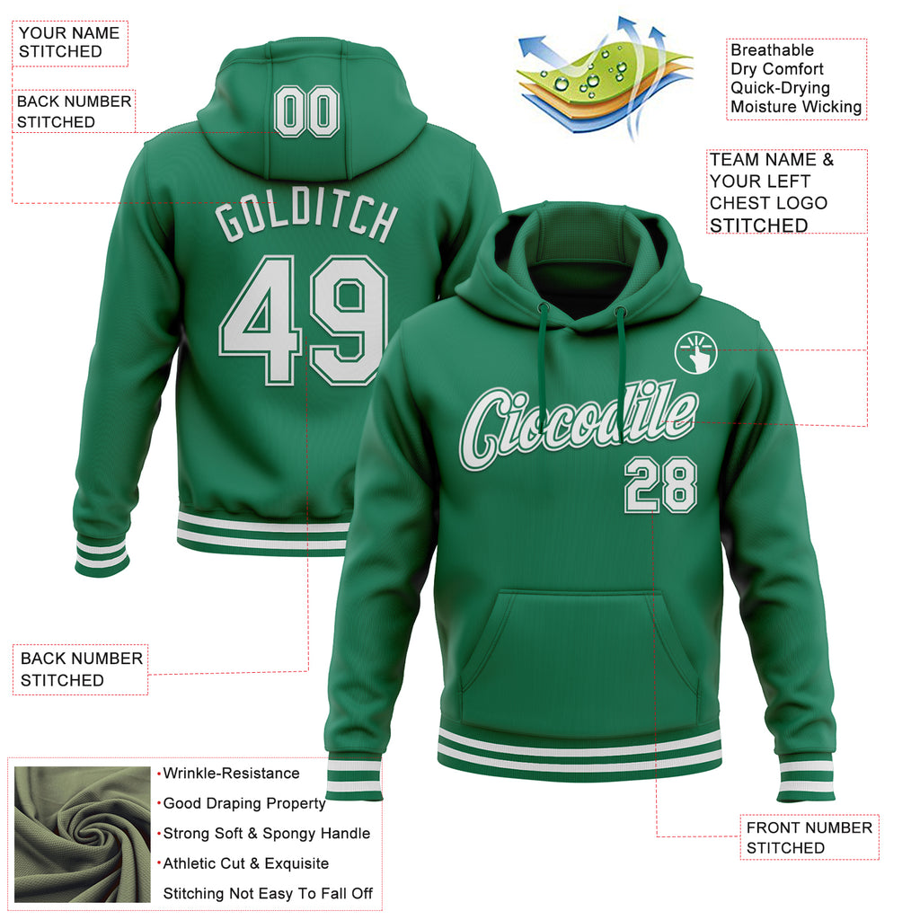 Custom Stitched Kelly Green White Sports Pullover Sweatshirt Hoodie