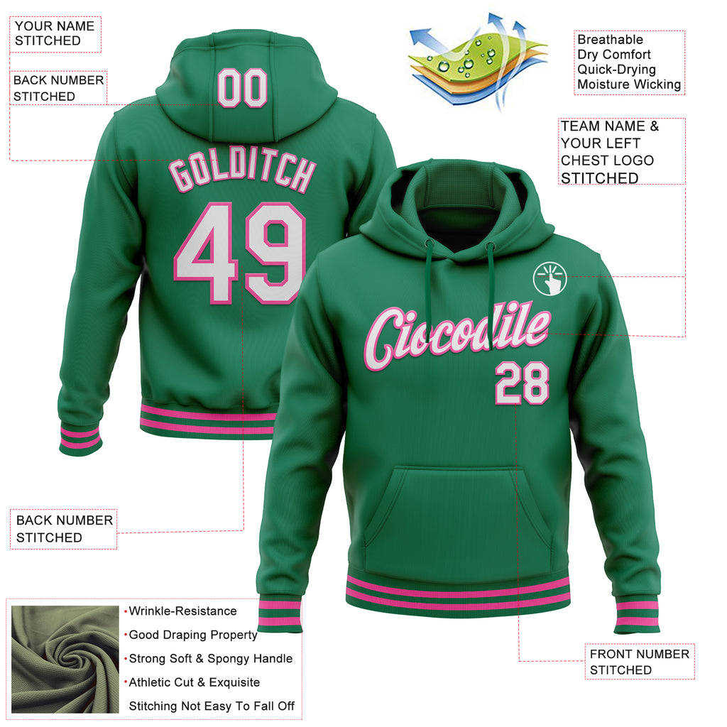 Custom Stitched Kelly Green White-Pink Sports Pullover Sweatshirt Hoodie