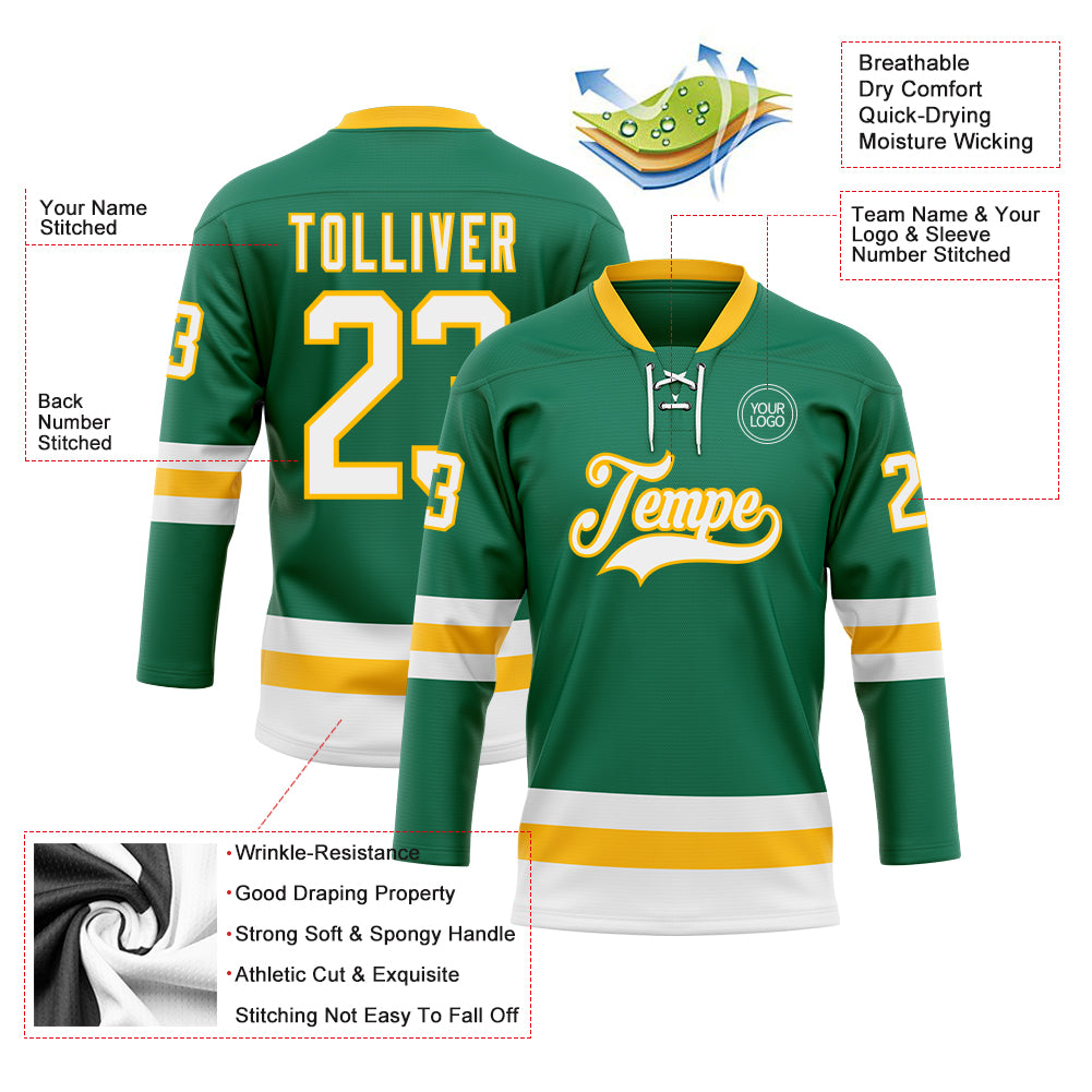 Custom Kelly Green White-Gold Hockey Lace Neck Jersey