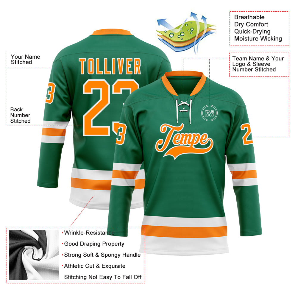 Custom Kelly Green Bay Orange-White Hockey Lace Neck Jersey