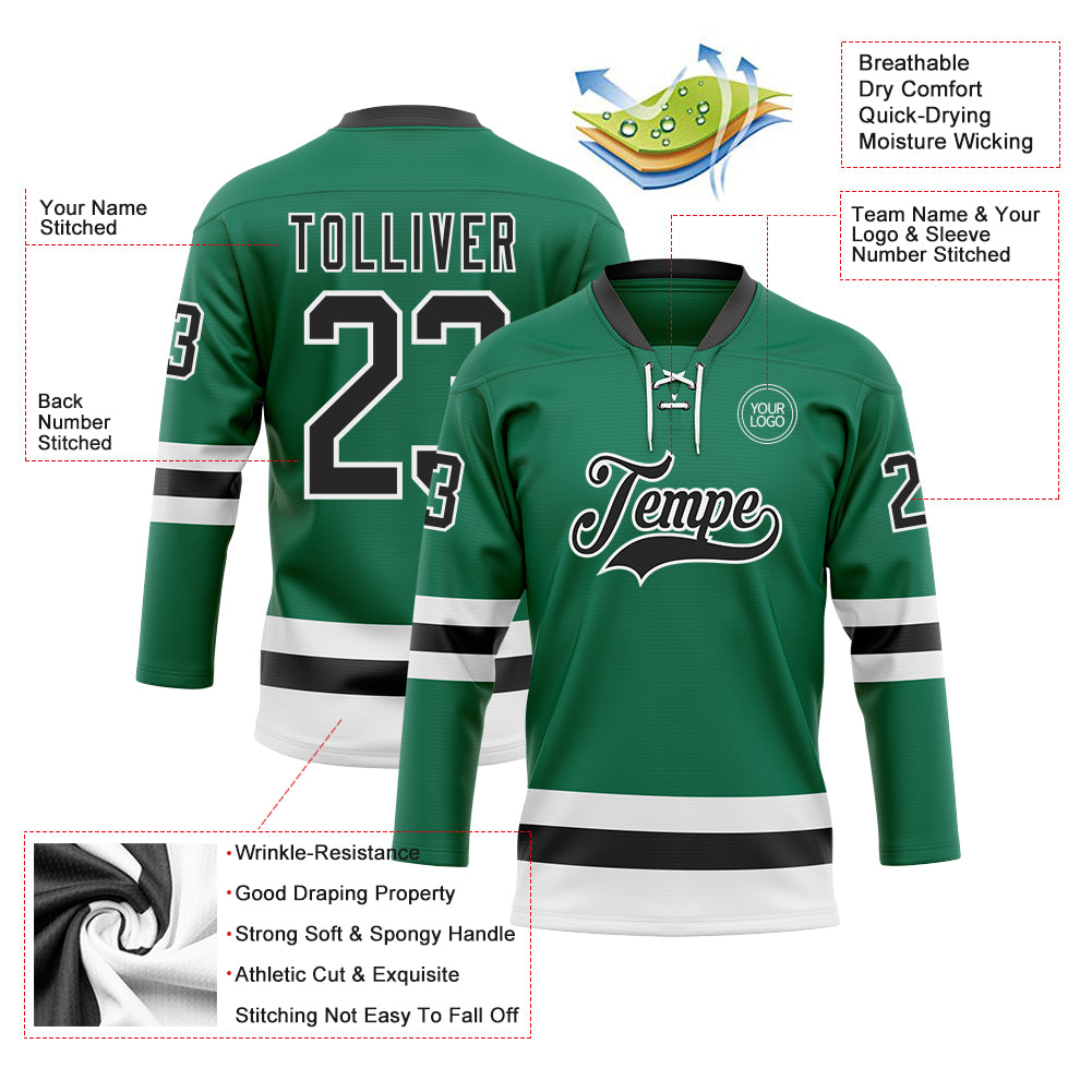 Custom Kelly Green Black-White Hockey Lace Neck Jersey