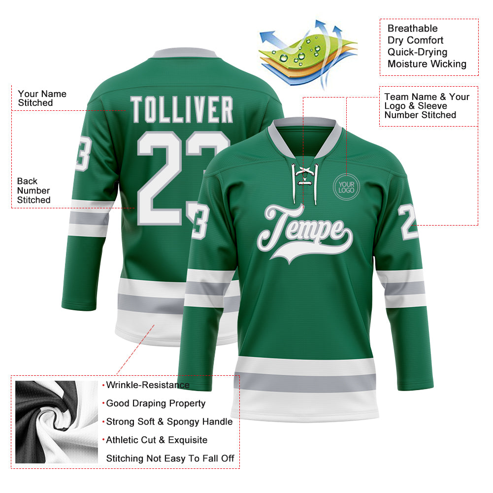 Custom Kelly Green White-Gray Hockey Lace Neck Jersey