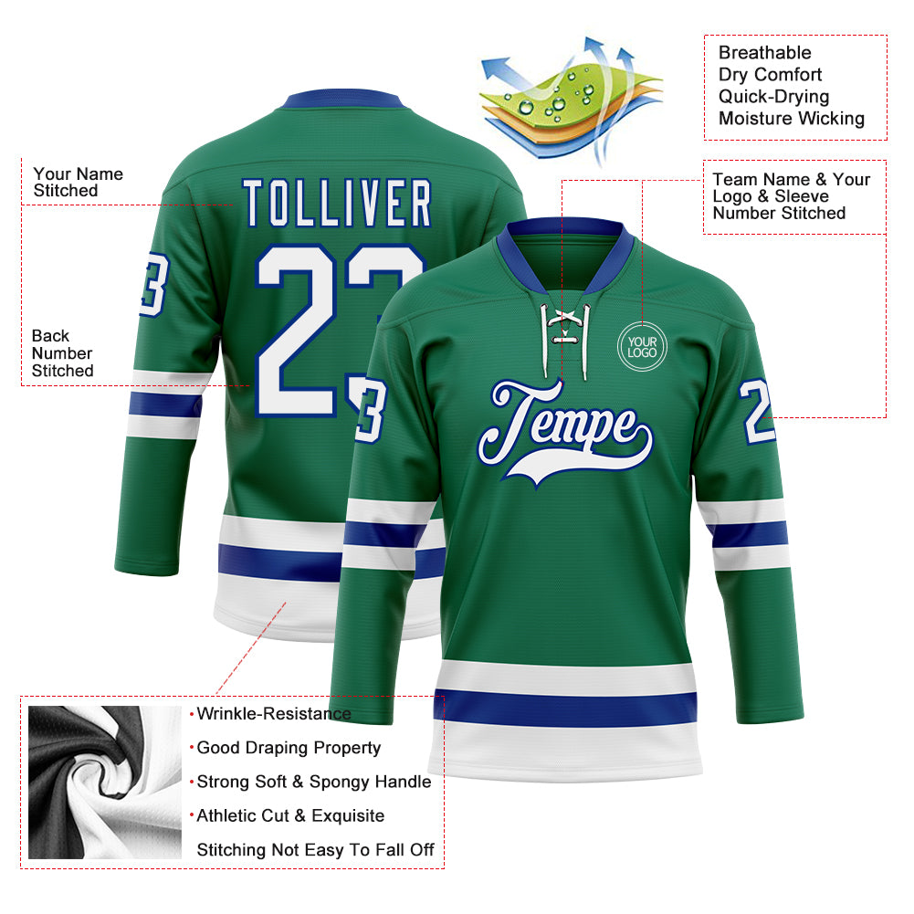 Custom Kelly Green White-Royal Hockey Lace Neck Jersey