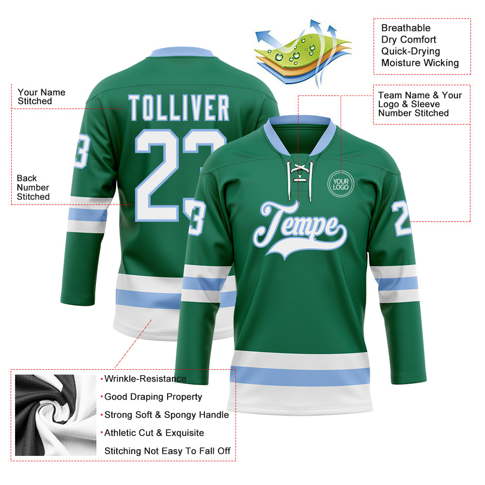 Custom Kelly Green White-Light Blue Hockey Lace Neck Jersey