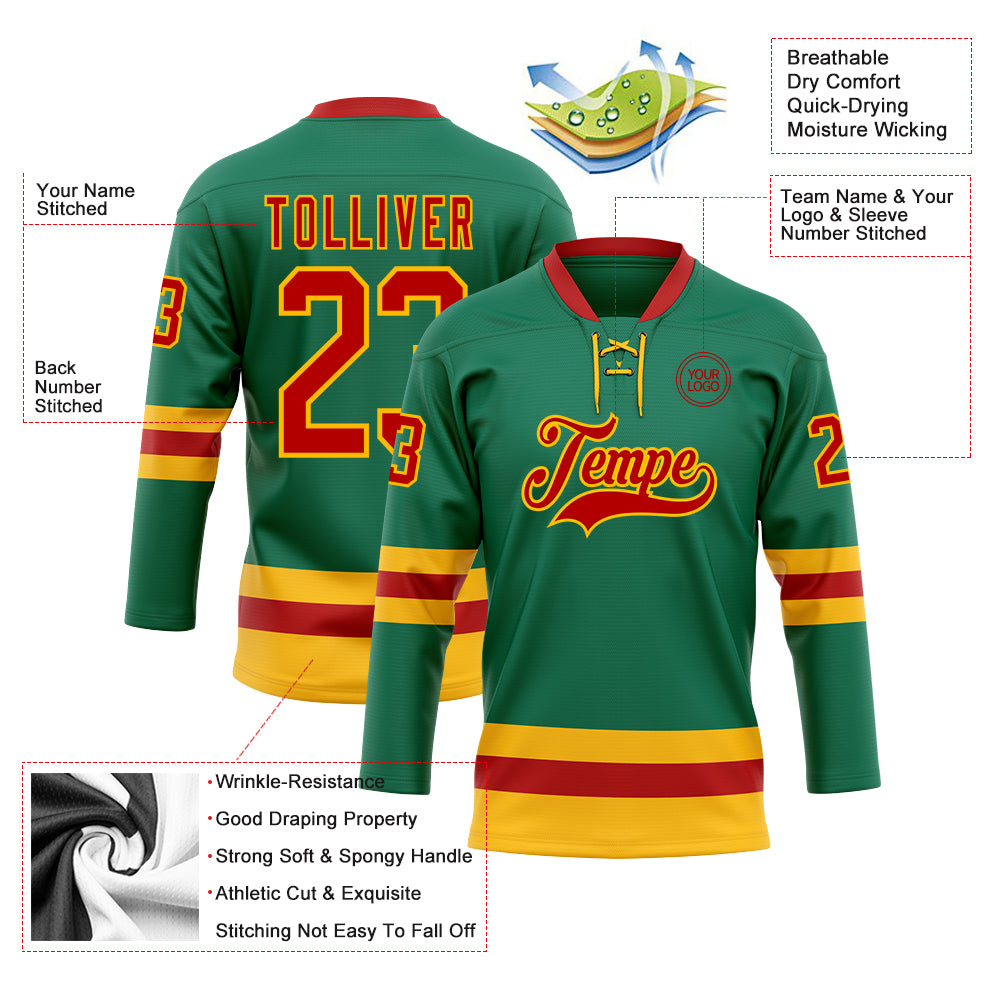 Custom Kelly Green Red-Gold Hockey Lace Neck Jersey