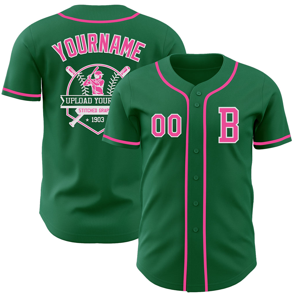 Custom Kelly Green Pink-White Authentic Baseball Jersey