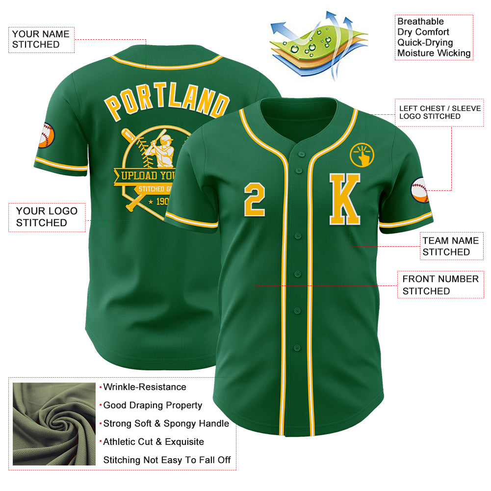 Custom Kelly Green Gold-White Authentic Baseball Jersey