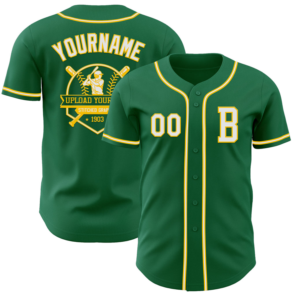 Custom Kelly Green White-Yellow Authentic Baseball Jersey