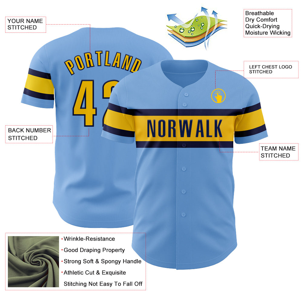 Custom Light Blue Yellow-Navy Authentic Baseball Jersey