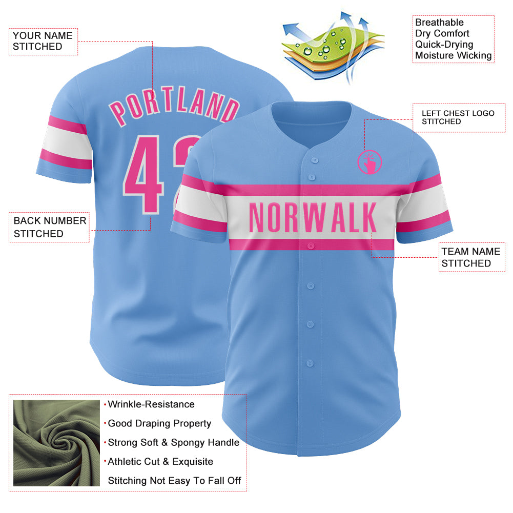 Custom Light Blue Pink-White Authentic Baseball Jersey