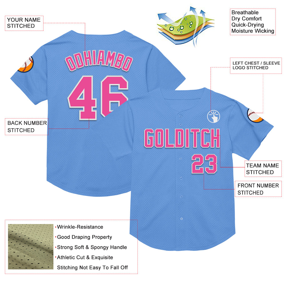 Custom Light Blue Pink-White Mesh Authentic Throwback Baseball Jersey
