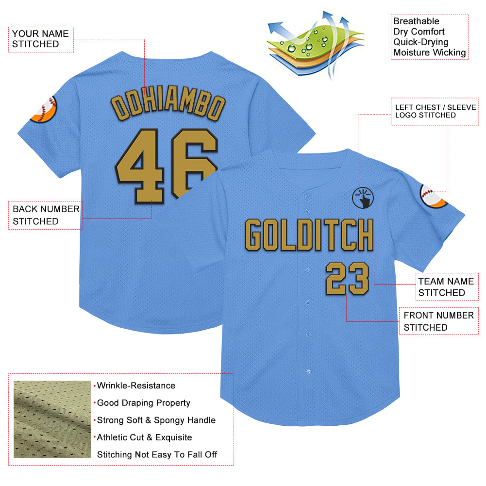 Custom Light Blue Old Gold-Black Mesh Authentic Throwback Baseball Jersey