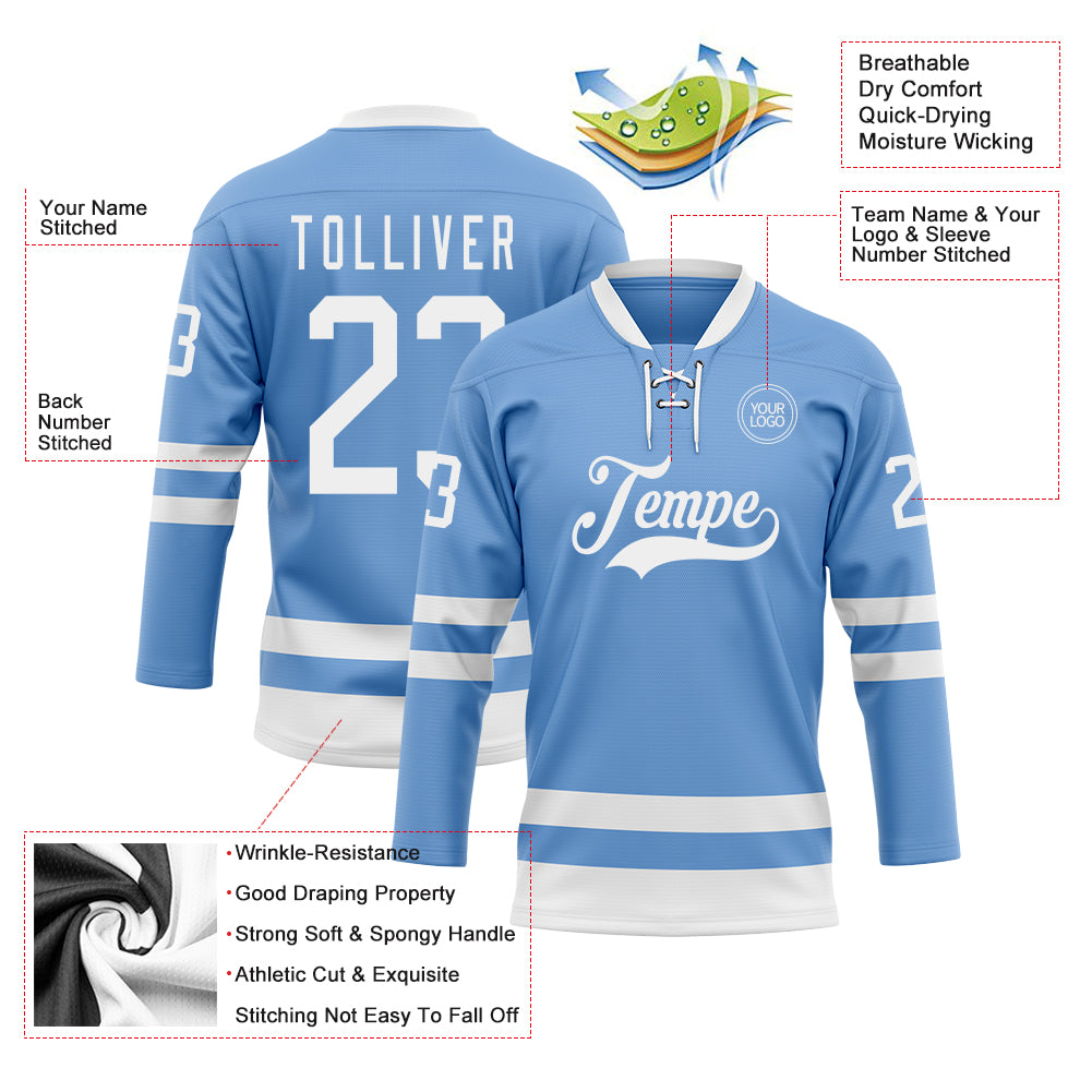 Custom Light Blue White Hockey Lace Neck Jersey