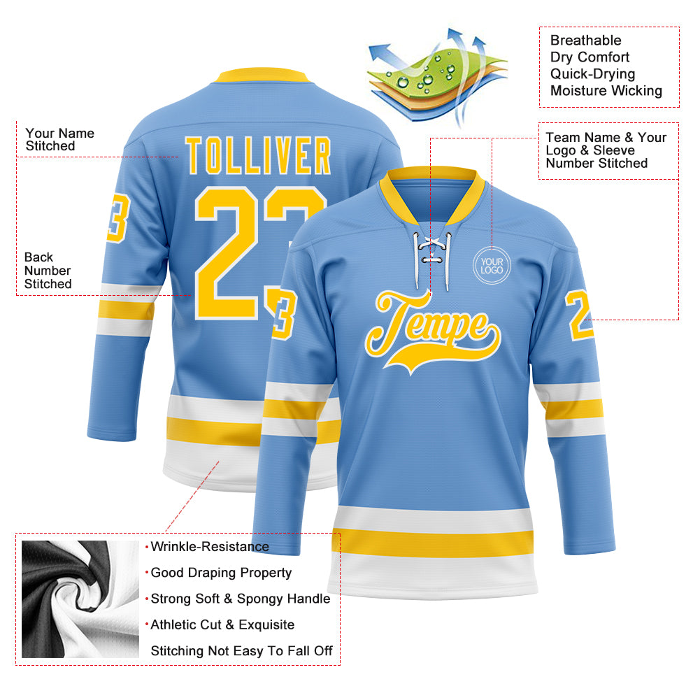 Custom Light Blue Yellow-White Hockey Lace Neck Jersey