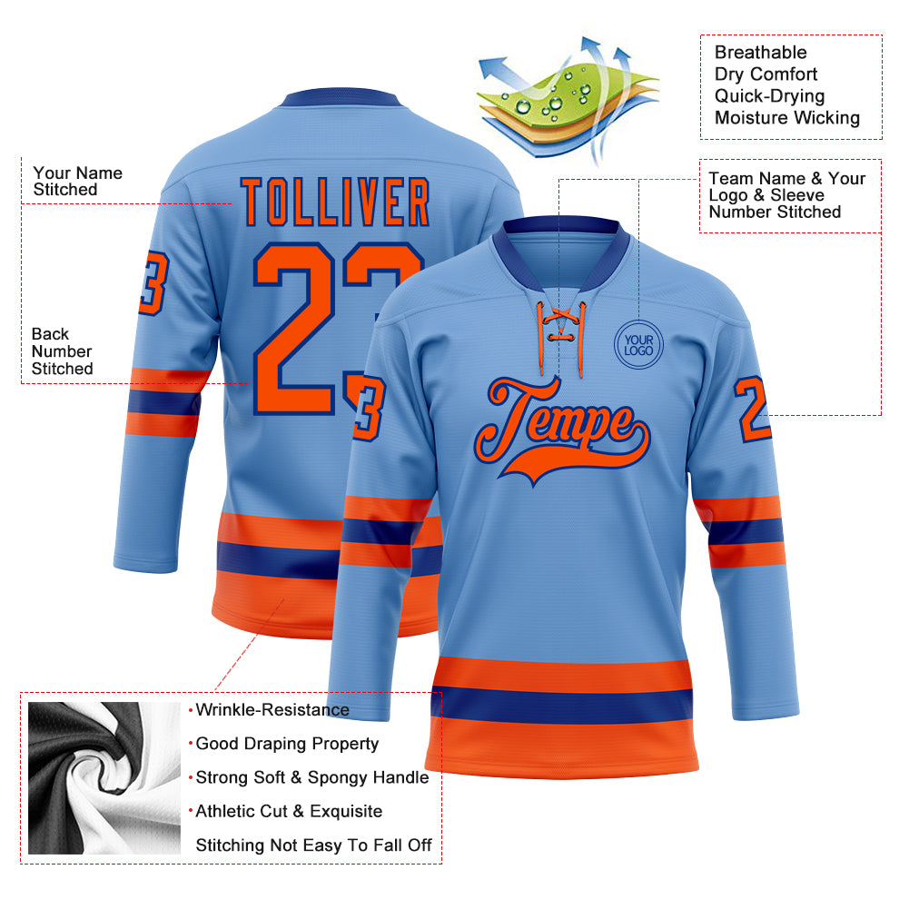 Custom Light Blue Orange-Royal Hockey Lace Neck Jersey