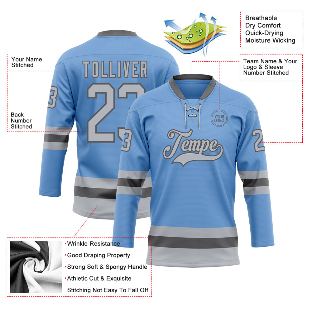 Custom Light Blue Gray-Steel Gray Hockey Lace Neck Jersey