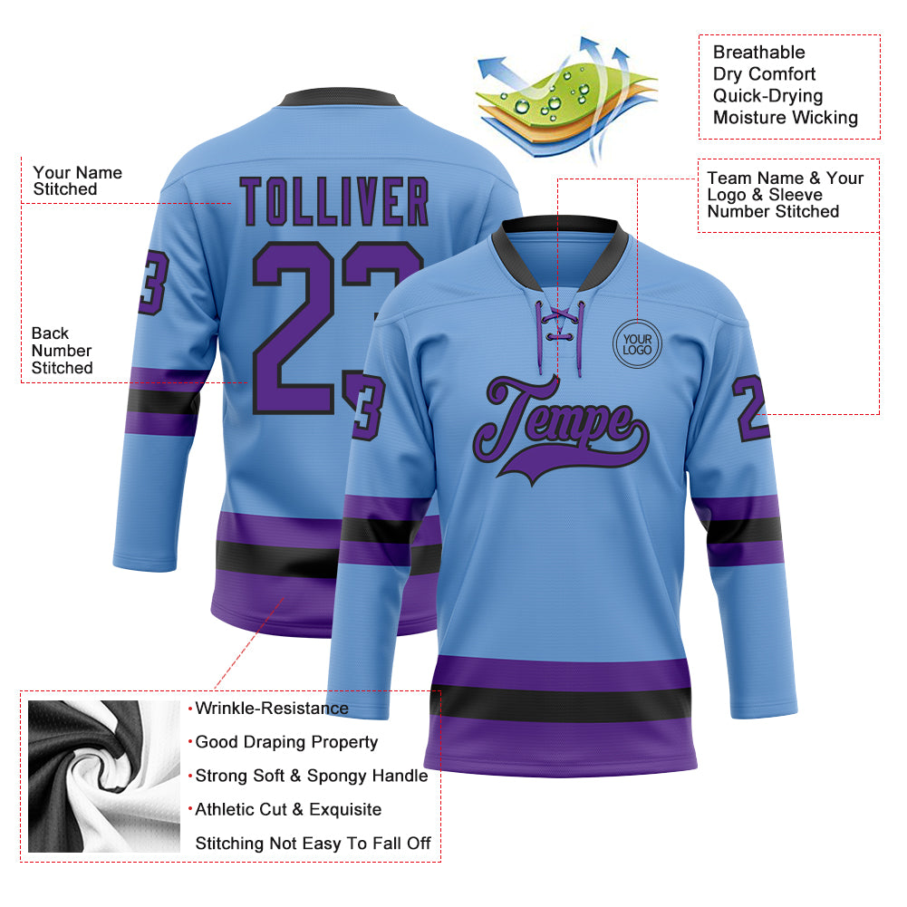 Custom Light Blue Purple-Black Hockey Lace Neck Jersey