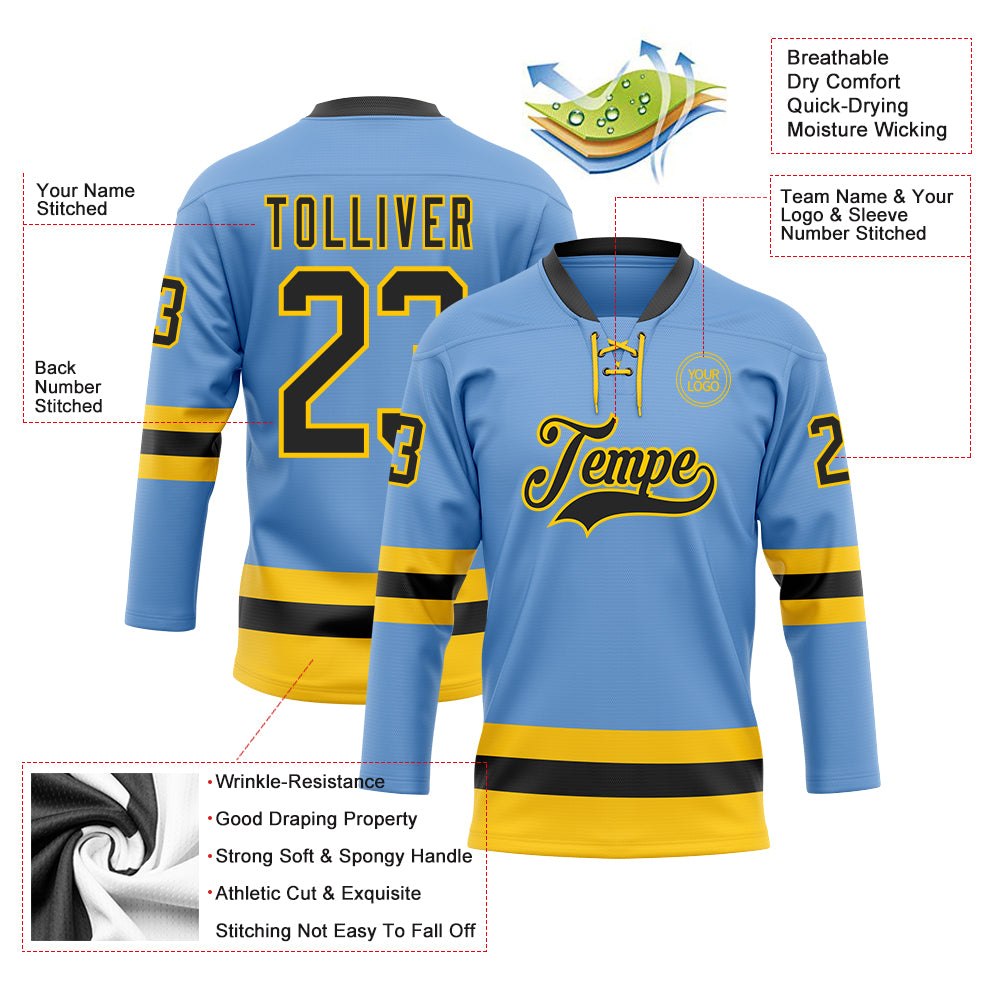 Custom Light Blue Black-Yellow Hockey Lace Neck Jersey