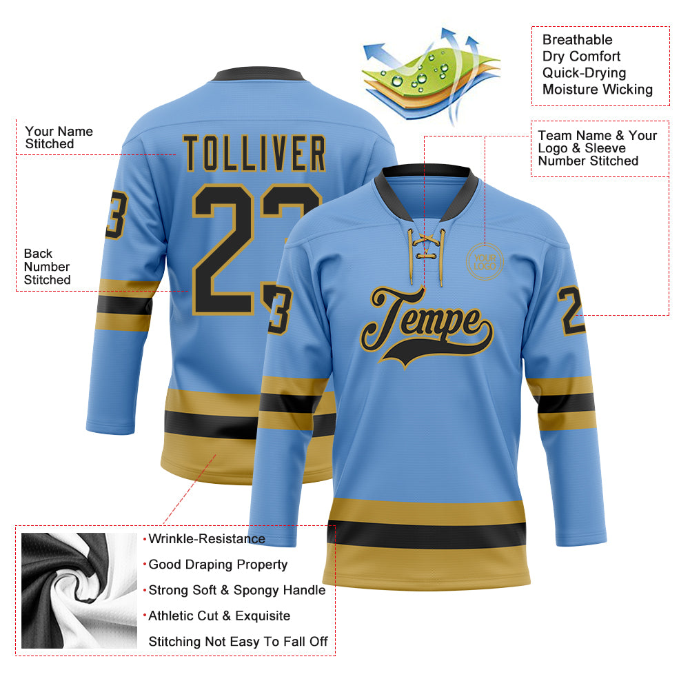 Custom Light Blue Black-Old Gold Hockey Lace Neck Jersey