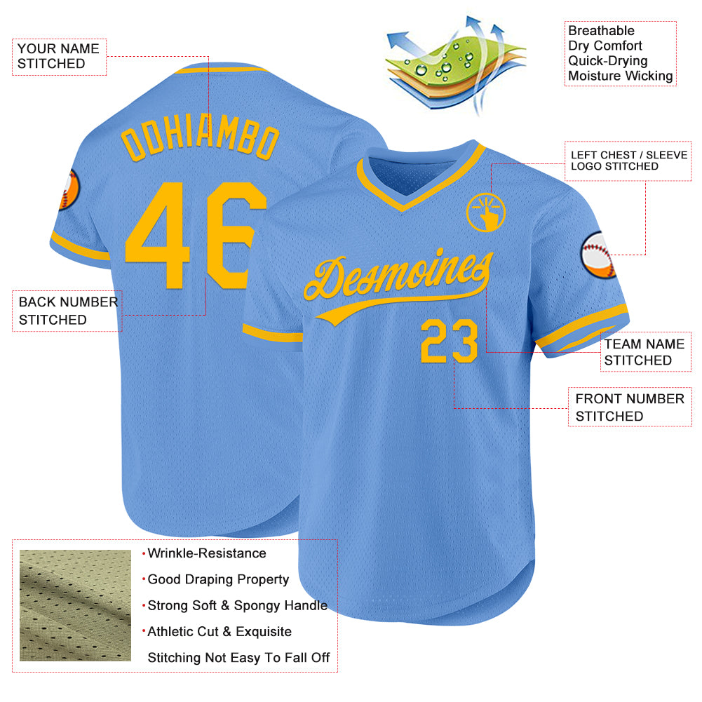 Custom Light Blue Gold Authentic Throwback Baseball Jersey