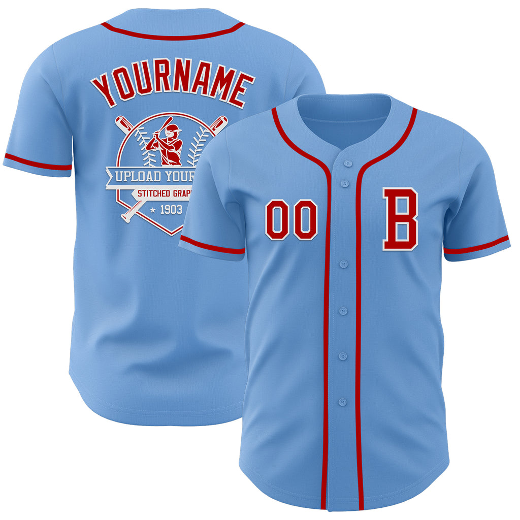 Custom Light Blue Red-White Authentic Baseball Jersey