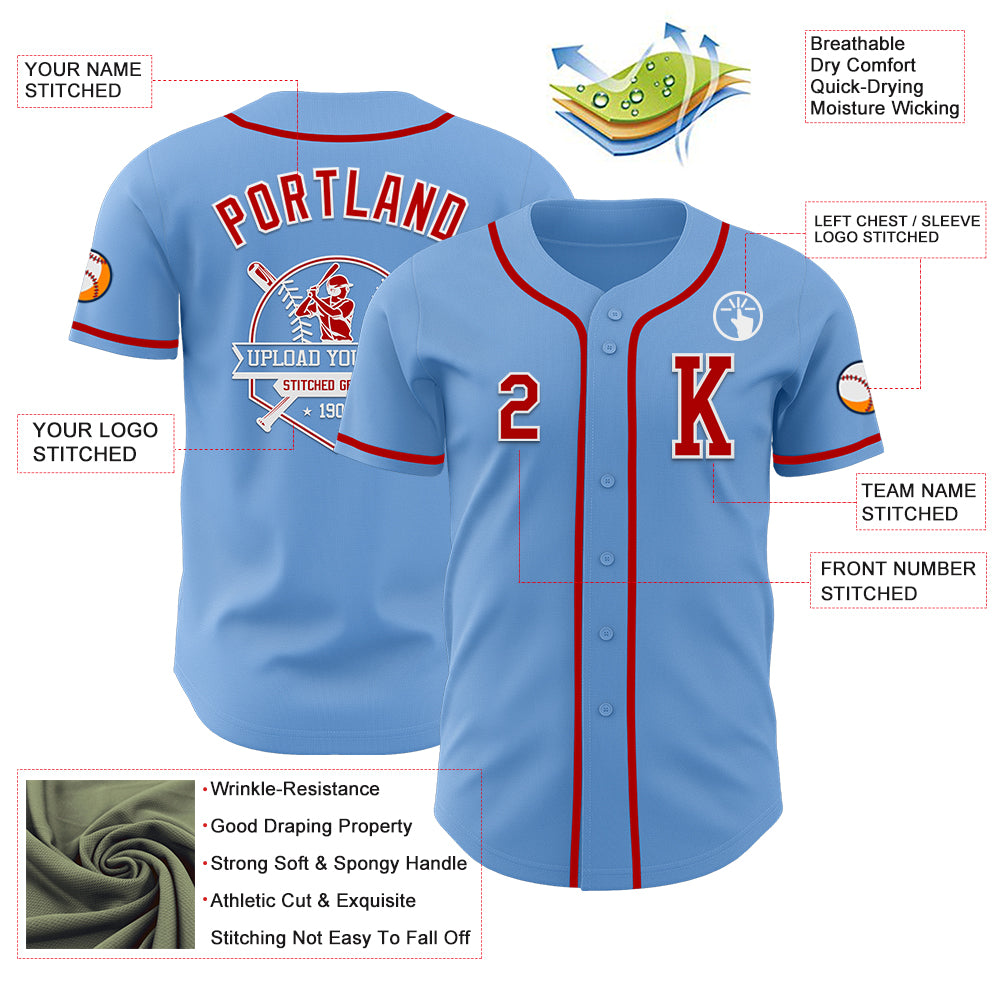 Custom Light Blue Red-White Authentic Baseball Jersey