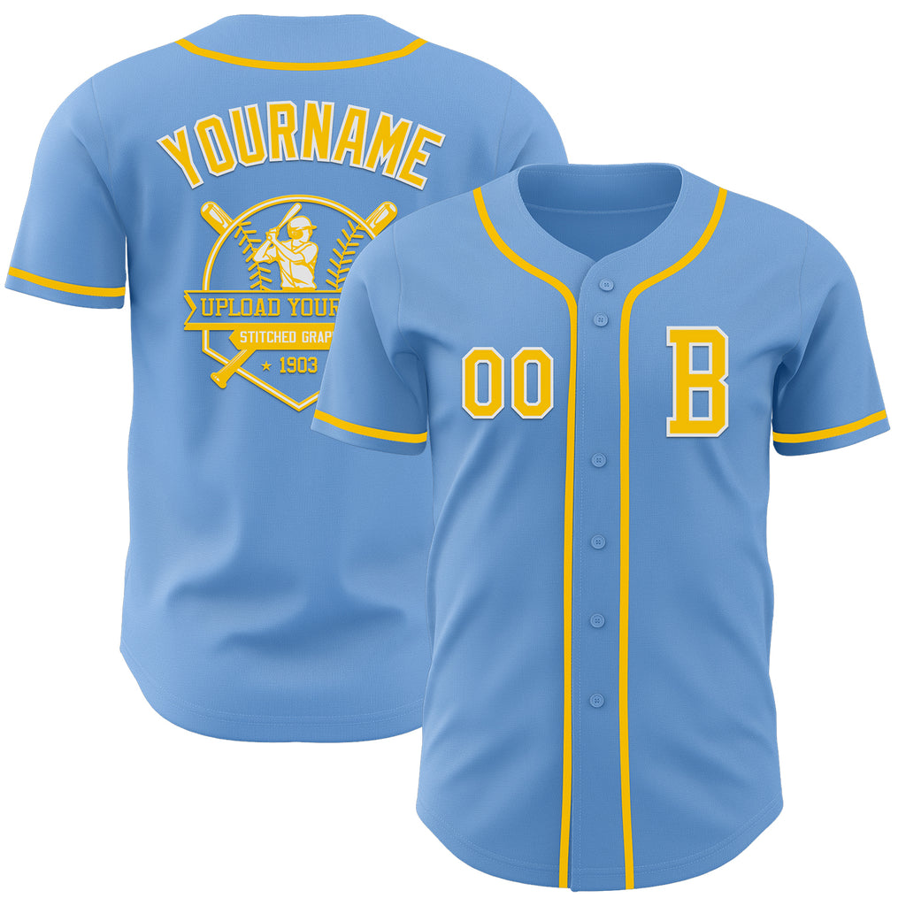 Custom Light Blue Yellow-White Authentic Baseball Jersey