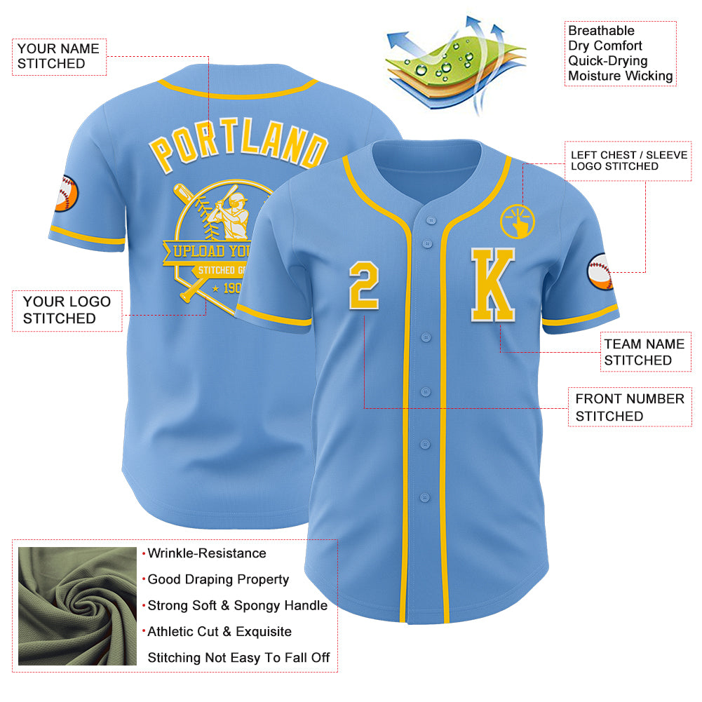 Custom Light Blue Yellow-White Authentic Baseball Jersey