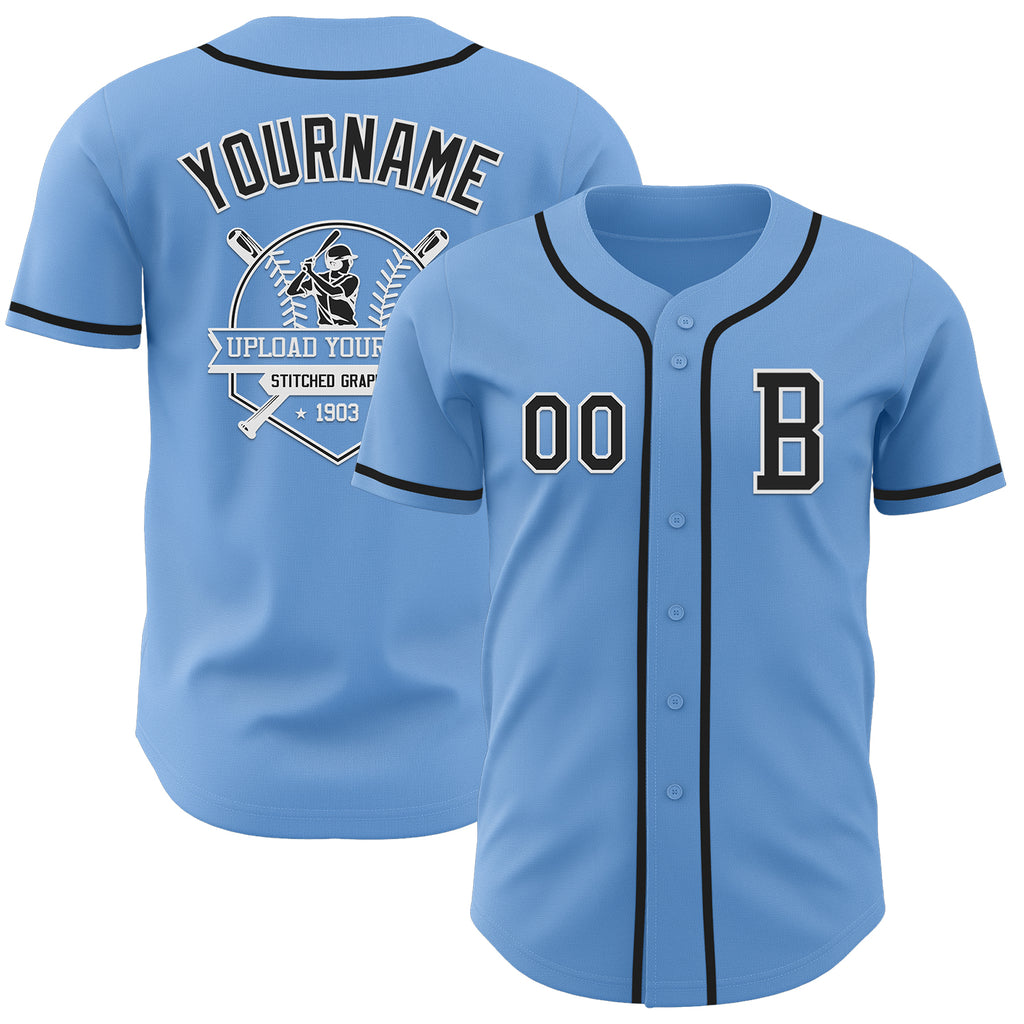 Custom Light Blue Black-White Authentic Baseball Jersey