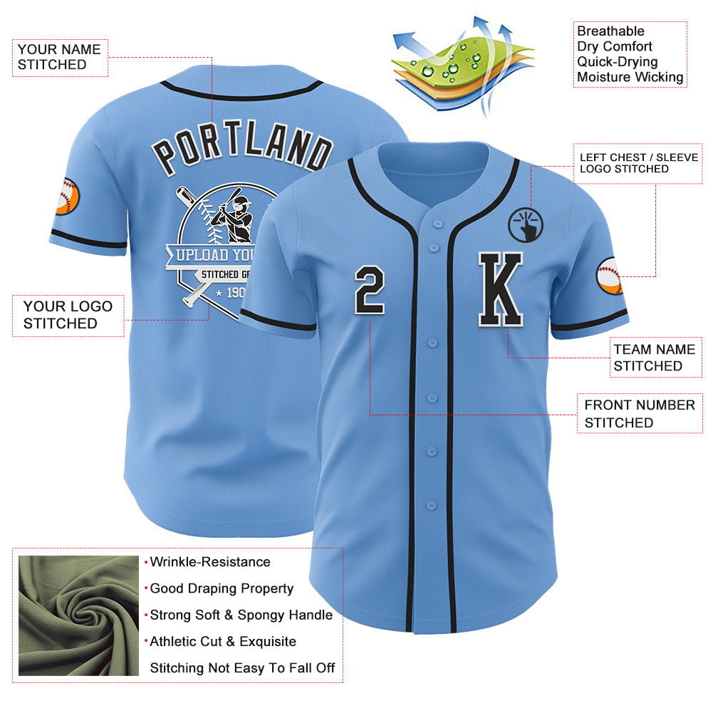 Custom Light Blue Black-White Authentic Baseball Jersey