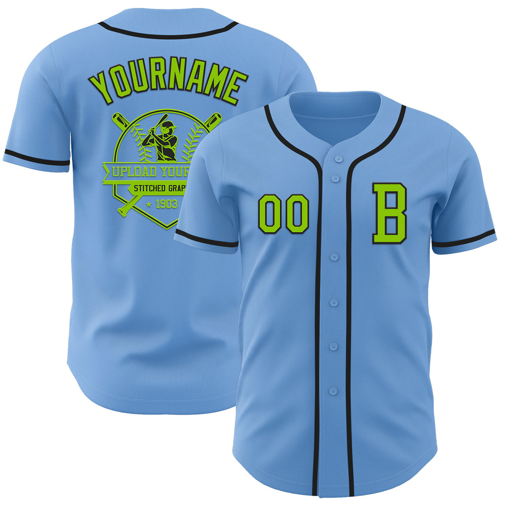 Custom Light Blue Neon Green-Black Authentic Baseball Jersey