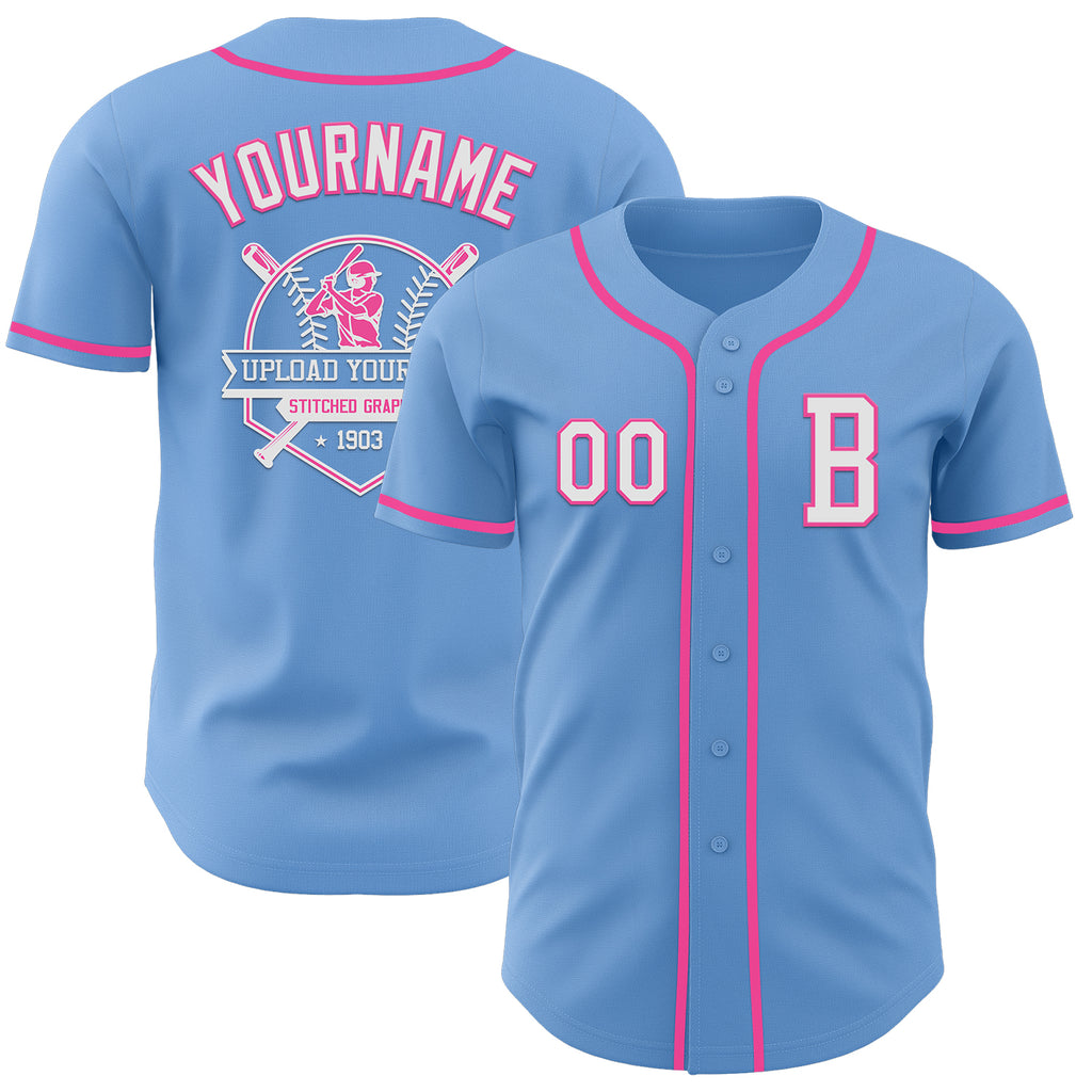 Custom Light Blue White-Pink Authentic Baseball Jersey