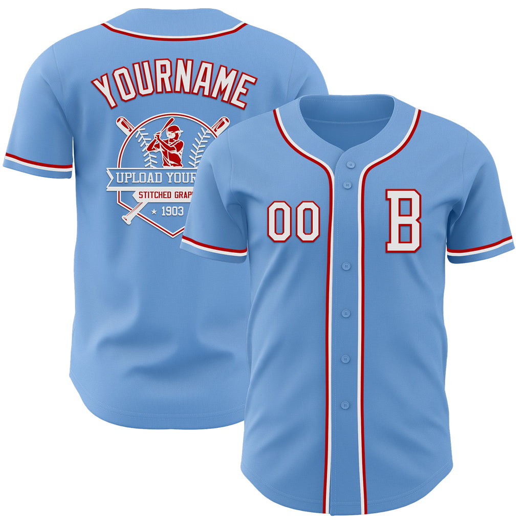 Custom Light Blue White-Red Authentic Baseball Jersey