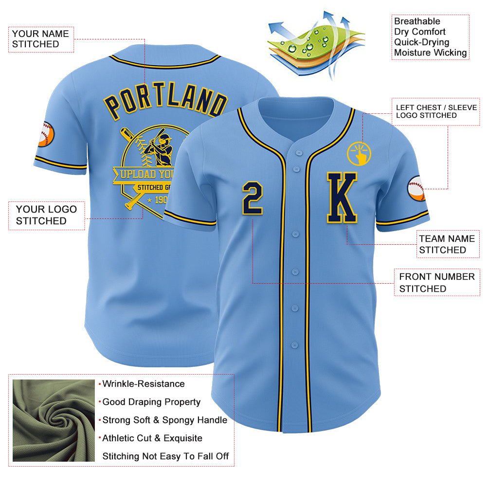 Custom Light Blue Navy-Yellow Authentic Baseball Jersey