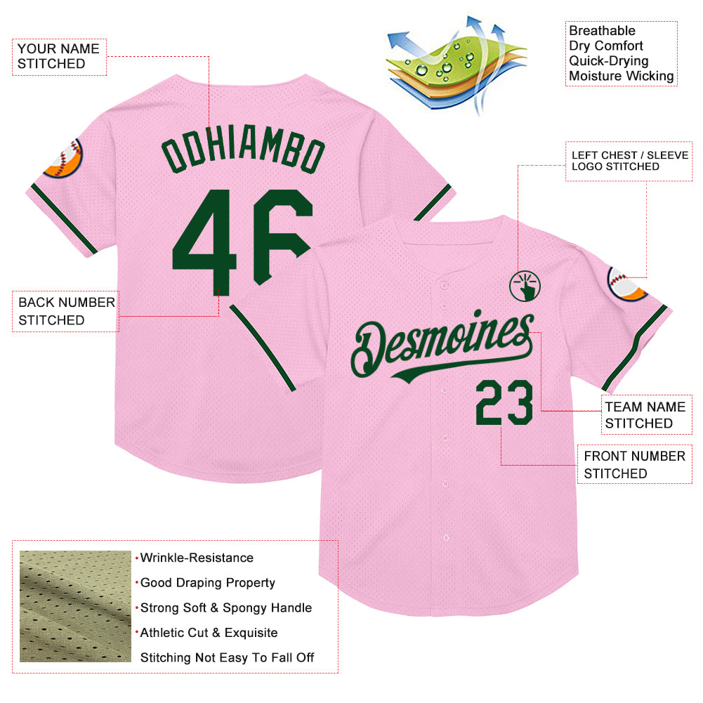 Custom Light Pink Green Mesh Authentic Throwback Baseball Jersey