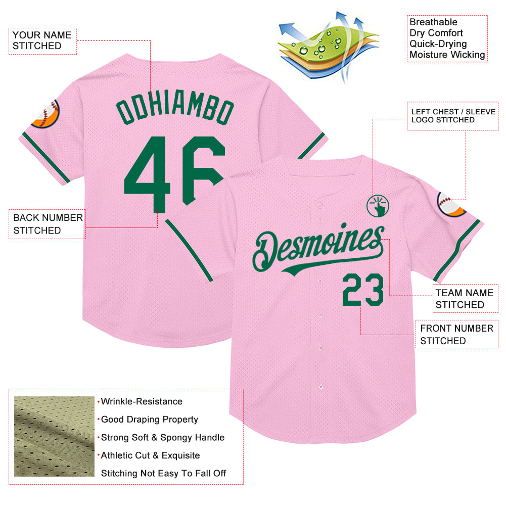 Custom Light Pink Kelly Green Mesh Authentic Throwback Baseball Jersey