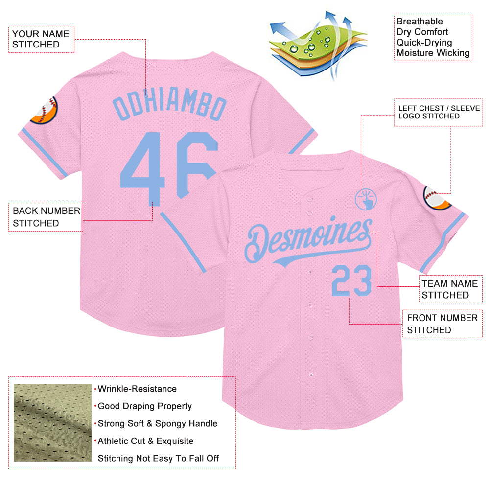 Custom Light Pink Light Blue Mesh Authentic Throwback Baseball Jersey