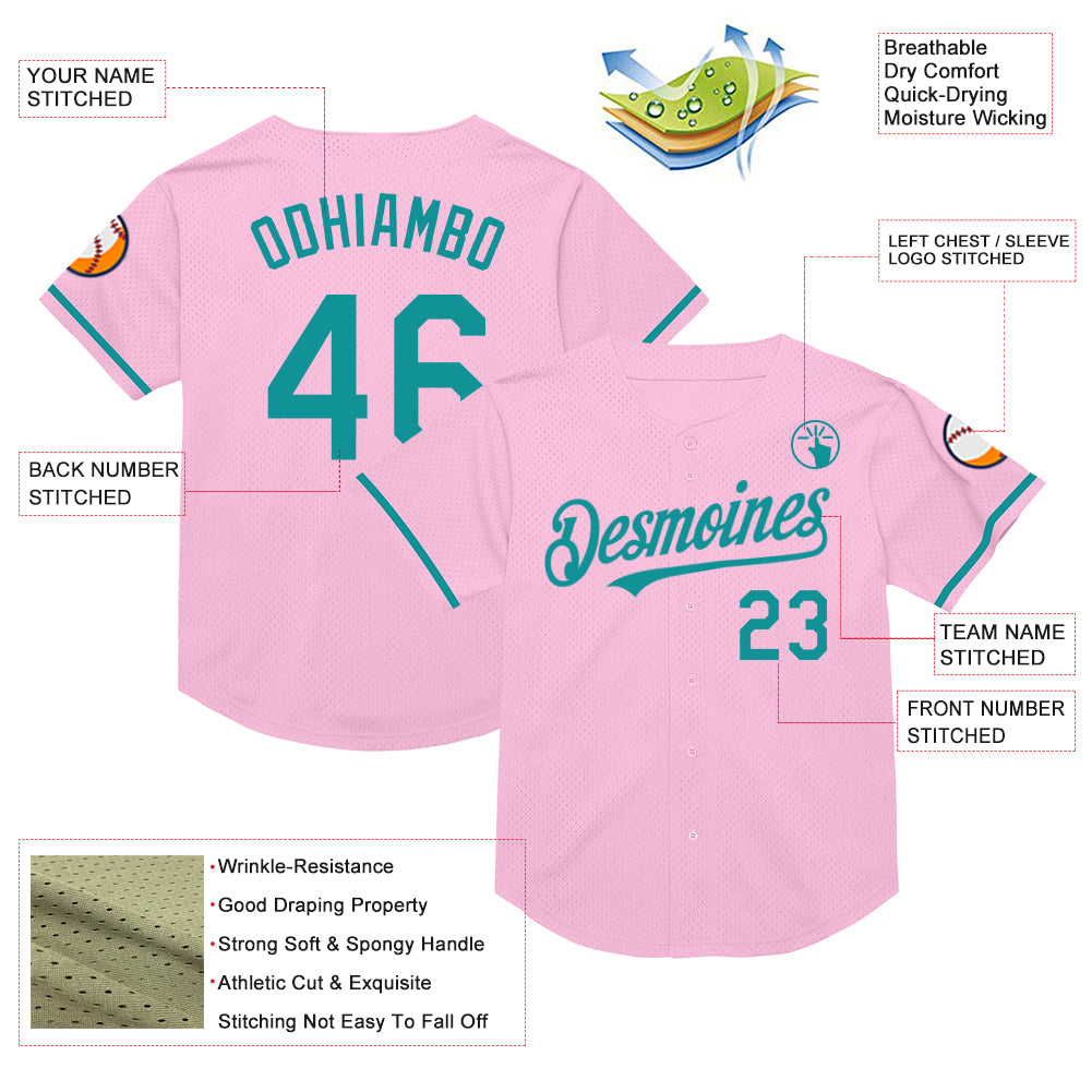 Custom Light Pink Teal Mesh Authentic Throwback Baseball Jersey