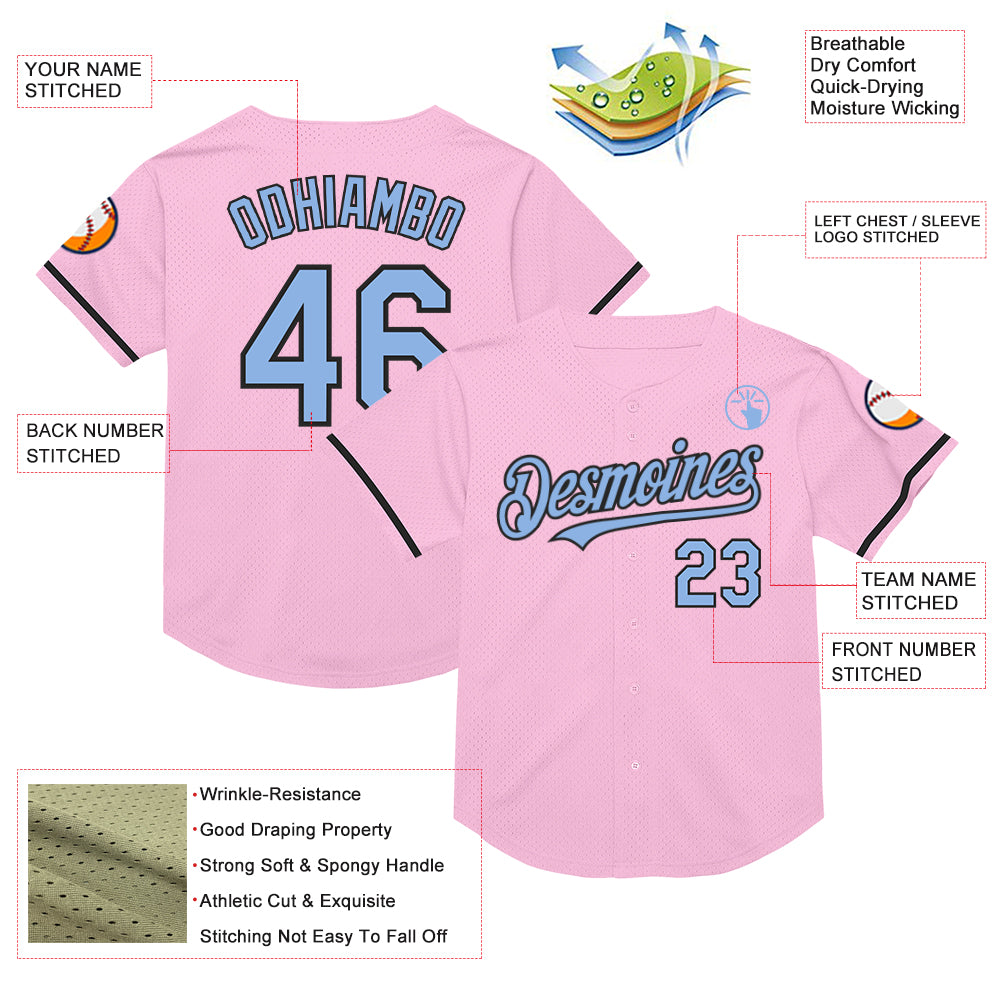 Custom Light Pink Light Blue-Black Mesh Authentic Throwback Baseball Jersey