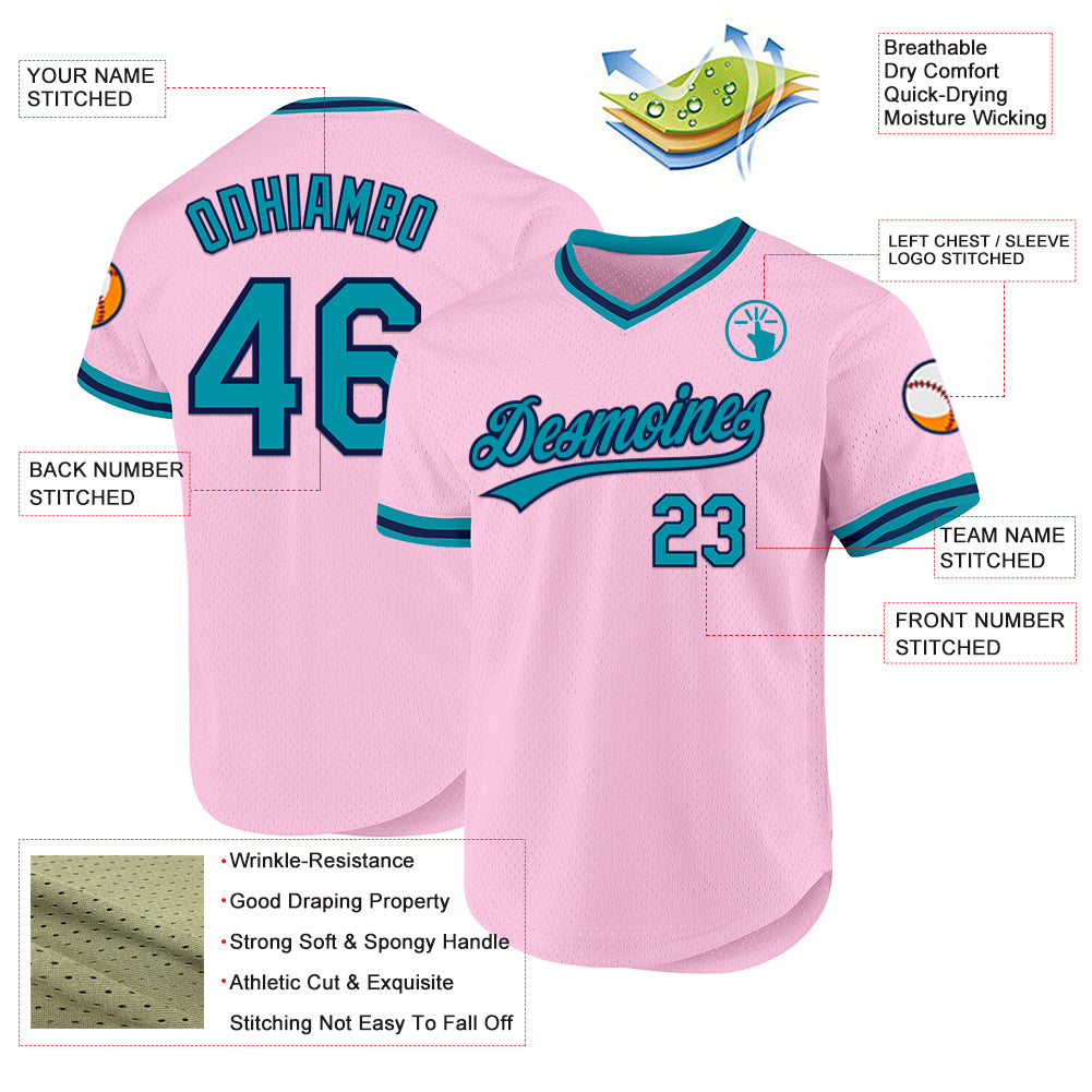 Custom Light Pink Teal-Navy Authentic Throwback Baseball Jersey