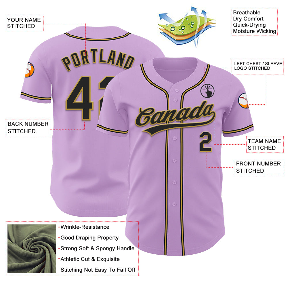 Custom Light Purple Black-Old Gold Authentic Baseball Jersey