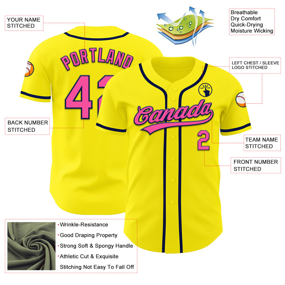 Custom Light Yellow Pink-Navy Authentic Baseball Jersey