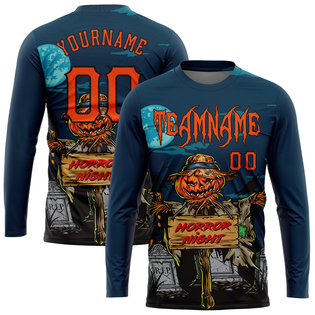 Custom 3D pattern Halloween pumpkins horror night long sleeve performance T-shirt with free shipping0