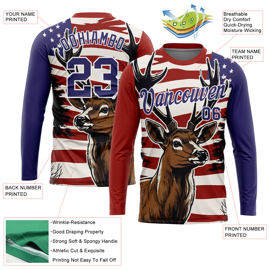 Custom Red Purple-White 3D Animal Deer Hunting American Flag Long Sleeve Performance T-Shirt