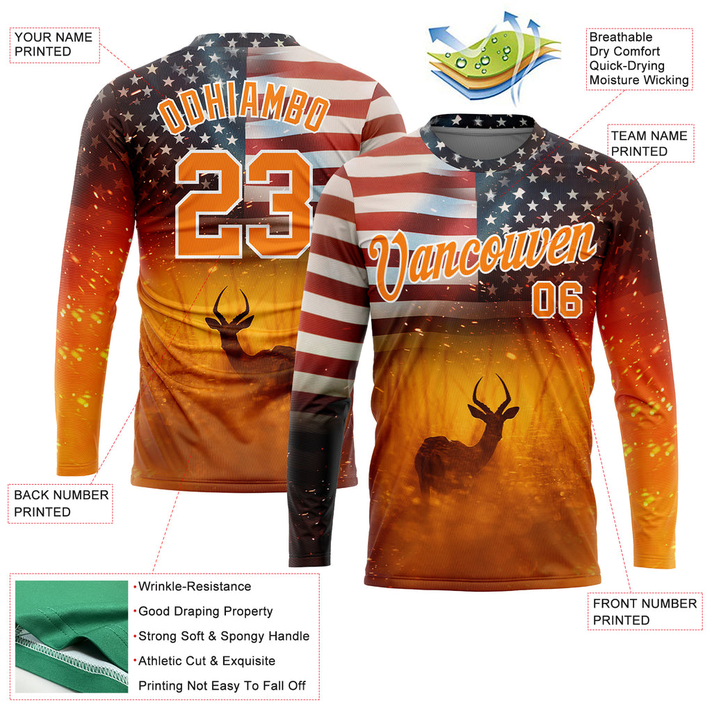 Custom Bay Orange White 3D Animal Deer Hunting American Flag Long Sleeve Performance T-Shirt