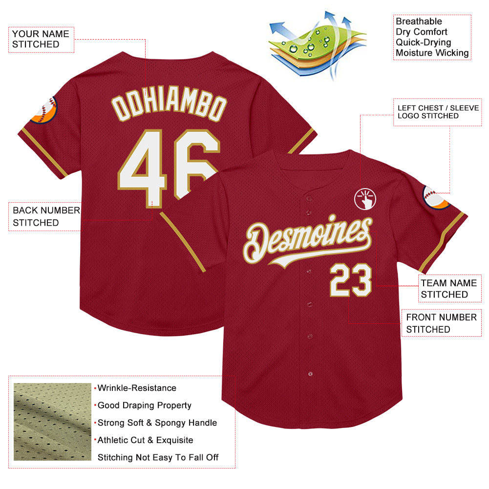 Custom Maroon White-Old Gold Mesh Authentic Throwback Baseball Jersey