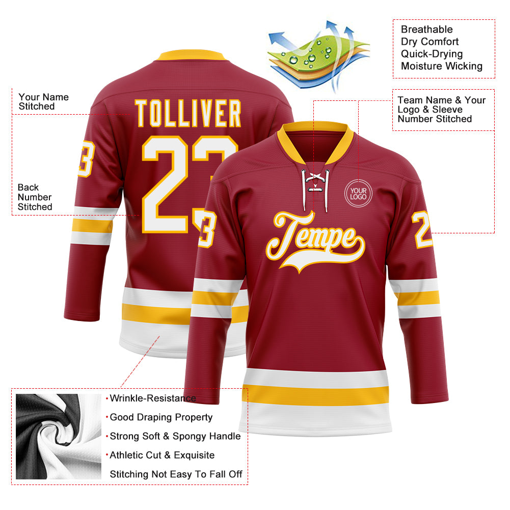 Custom Maroon White-Gold Hockey Lace Neck Jersey