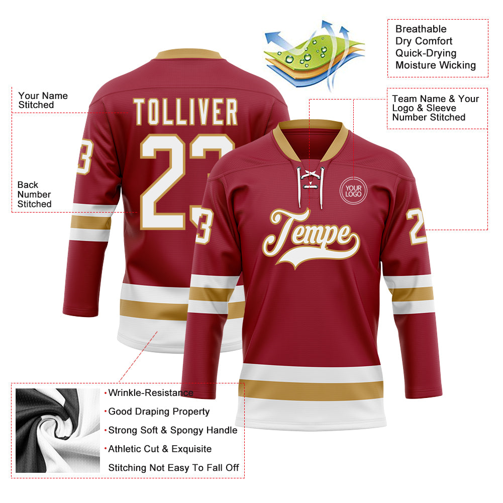 Custom Maroon White-Old Gold Hockey Lace Neck Jersey