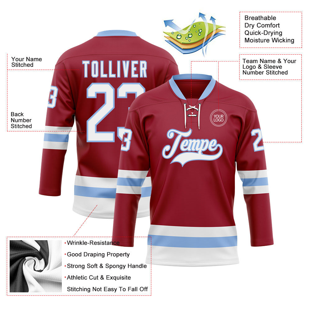 Custom Maroon White-Light Blue Hockey Lace Neck Jersey