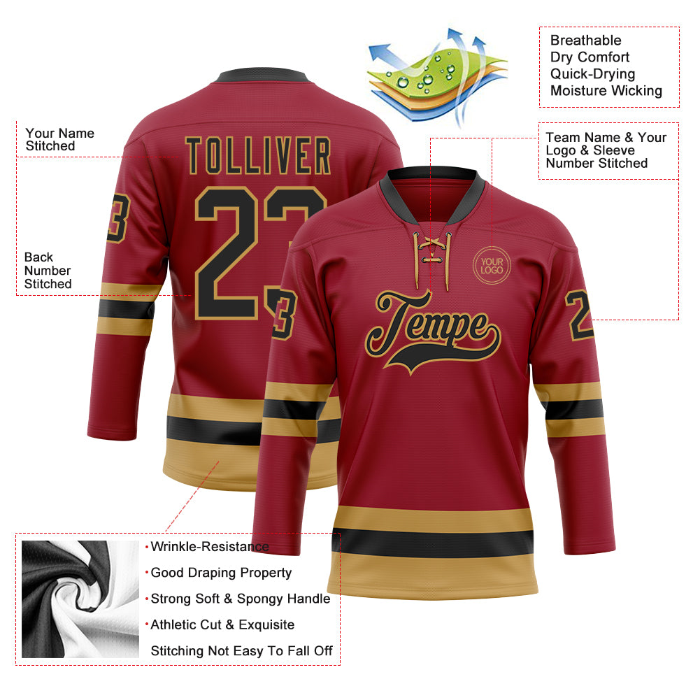 Custom Maroon Black-Old Gold Hockey Lace Neck Jersey